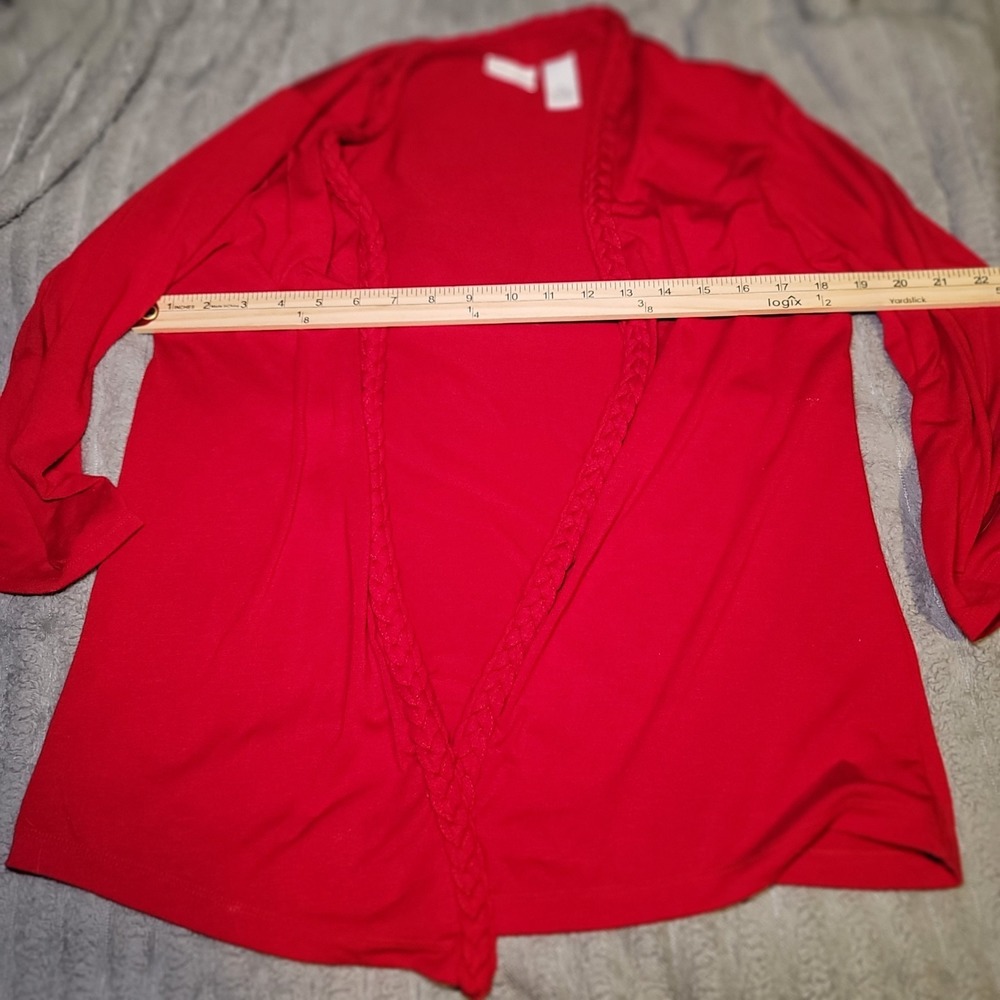Kim Rogers Red Open Front Top Jacket PS Petite Braid Trim Cover-up Blazer